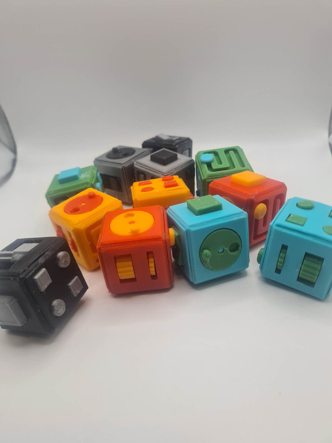 New sensory toys on line for sale now   #newproduct #fidget #sensoryplay  #desktoy  #fidgetcube   Sensory cube 6 sided.   push button rocker Switch Maze turntable spinning wheels raised objects non moving just for feel.