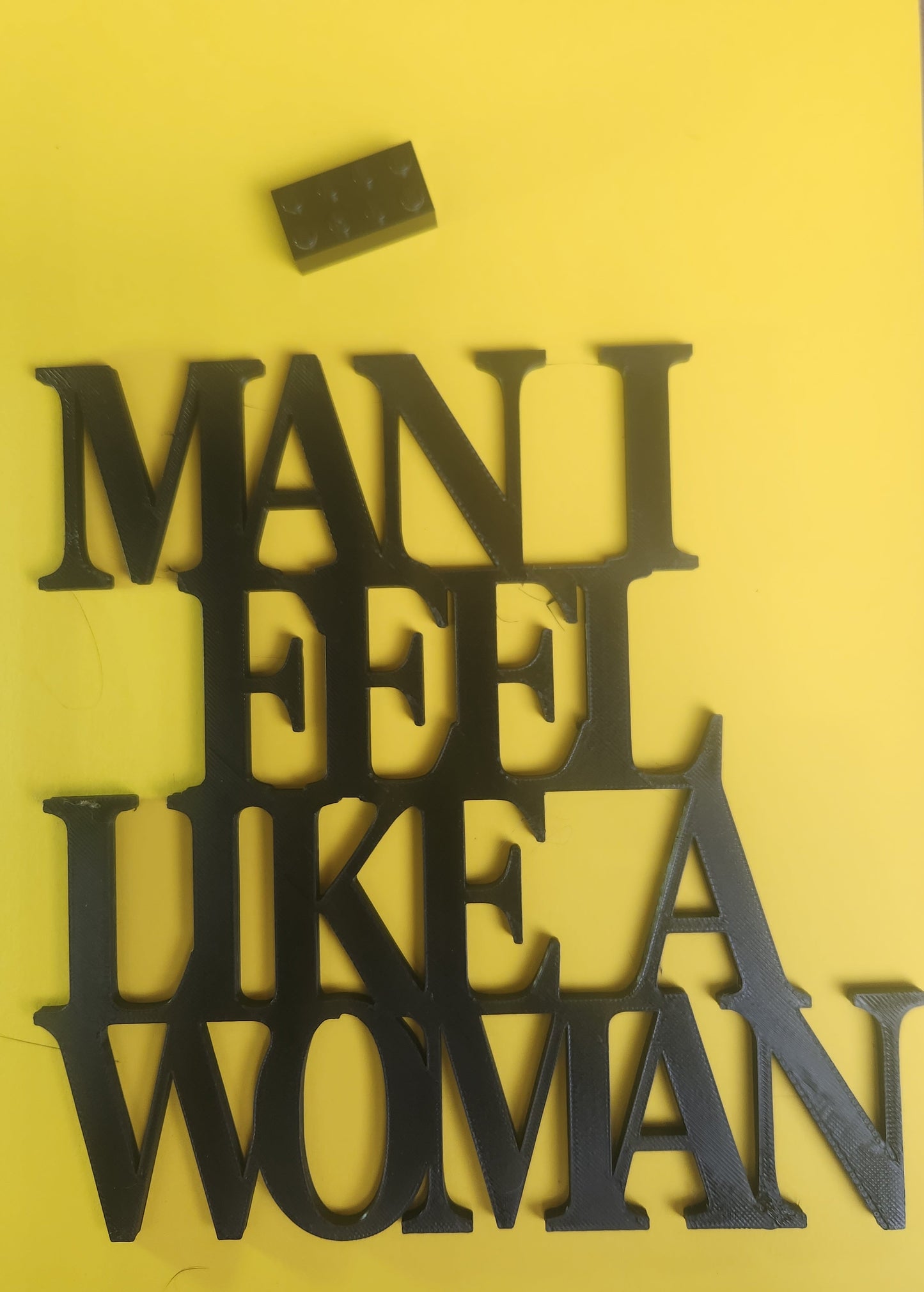 Black 3D printed sign shown with Lego brick for scale, available in 12 colours including pink (hero color not shown in this photo)