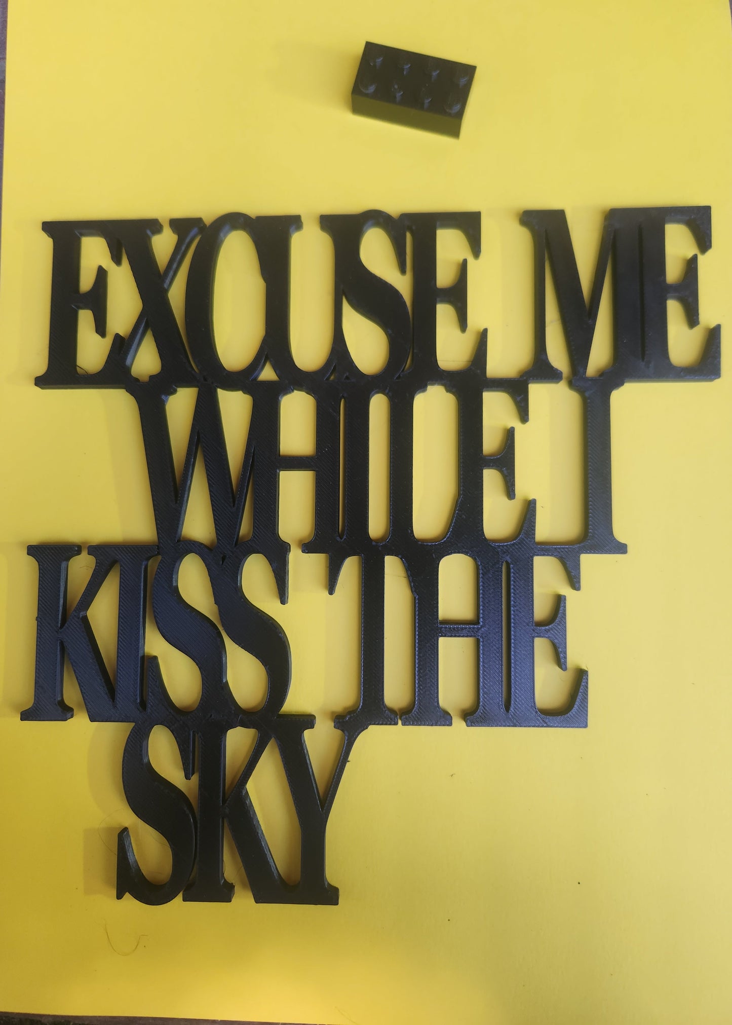 3D printed 'Excuse Me While I Kiss the Sky' sign next to a Lego brick for scale, showing 19cm × 19cm size — black PLA plastic finish
