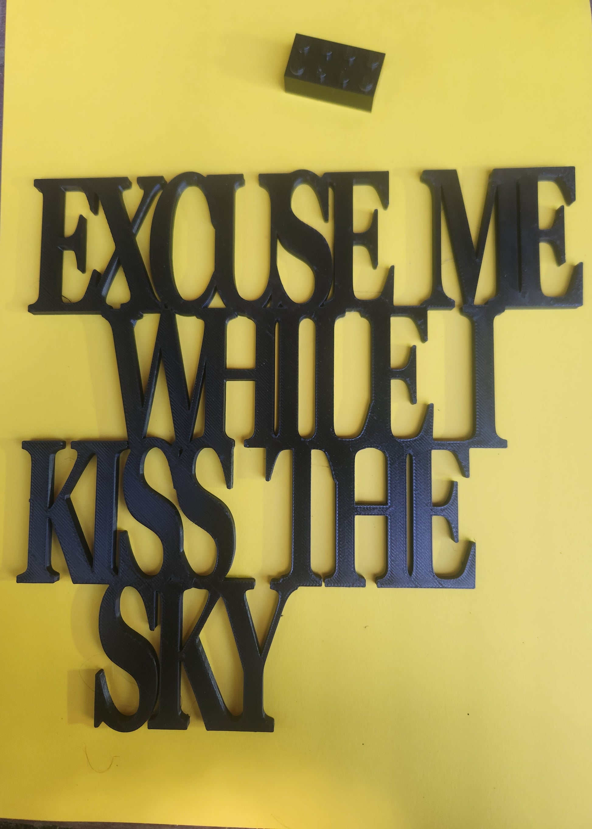3D printed 'Excuse Me While I Kiss the Sky' sign next to a Lego brick for scale, showing 19cm × 19cm size — black PLA plastic finish
