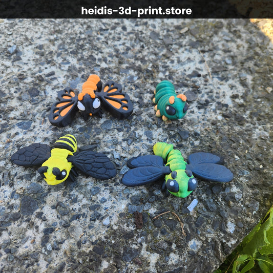 The Bug Pack — four 3D printed articulated bug figures: Bee, Butterfly, Dragonfly, and Caterpillar, handmade in Upper Hutt New Zealand by Heidi's 3D Prints