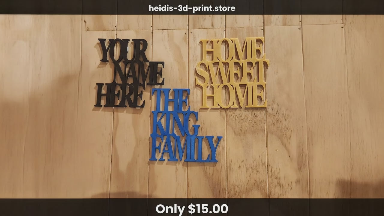Load video: Your words. Your wall. Your sign. 🖤At Heidi's 3D Prints we can print almost any text you like as a bold, chunky 3D wall art sign — handmade right here in Upper Hutt, New Zealand.Up to 10 words · 19cm × 19cm · child-safe PLA · $15.00 NZDAvailable in 11 colours: Black, White, Pink, Yellow, Green, Red, Purple, Sky Blue, Glow in the Dark, Gold &amp; NavyPerfect for:✅ Family names &amp; house signs✅ Wedding dates &amp; anniversary gifts✅ Favourite song lyrics✅ Motivational quotes✅ Personalised gifts for any occasion👉 Order yours here: https://heidis-3d-print.store/products/create-your-own-3d-printed-wall-art-sign🛍️ Browse the full range: https://heidis-3d-print.store/collections/allMade to order · 3–5 business days before dispatch · Ships tracked nationwide via NZ PostQuestions? Email us: derek.king72@gmail.com— Heidi (and Derek 🐾) · Upper Hutt, New Zealand